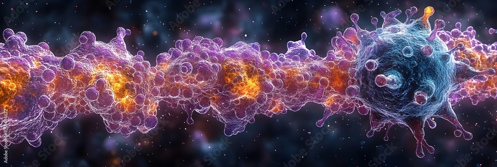 Poster Detailed microscopic view of the molecular structure and energy release of a coronavirus particle in a futuristic,glowing cellular environment. Medical,scientific.