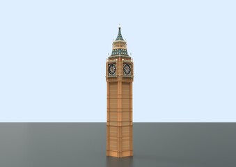 The image features a 3D rendering of Big Ben, the iconic clock tower located at the north end of the Palace of Westminster in London. The tower is intricately designed, showcasing its Gothic Revival a