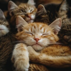 A group of adorable kittens lie snuggled up together, creating a sense of warmth, comfort, and cuteness in abundance.