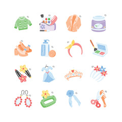 This whimsical illustration set features colorful icons of clothing, accessories, cosmetics, and toiletries for girls