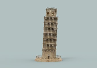 The image showcases a stunning 3D rendering of the Leaning Tower of Pisa, an architectural marvel known for its distinctive tilt. The tower is constructed from white and gray marble, featuring intrica