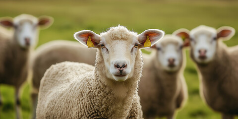 Obraz premium A sheep with a yellow tag on its ear in a grassy field with blurred background.