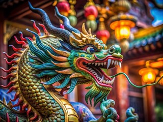 Fototapeta premium Majestic Chinese Dragon Statue in Vibrant Colors – Captivating Portrait Photography for Cultural Heritage and Art