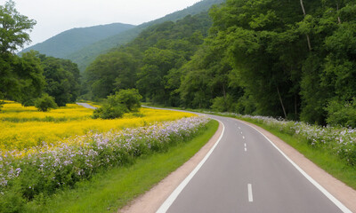 시골길옆 예쁜꽃과 나무