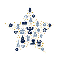 Obraz premium Adventskalender in Sternform - blau gold - Weihnachtsmotiv Vektor Illustration