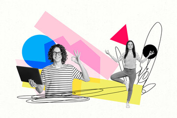 Composite photo collage of two happy girl guy do yoga meditation freelancer worker okay gesture...