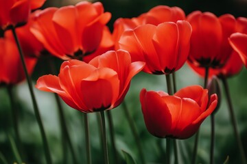Obraz premium Bright red tulips in full bloom basking in vibrant sunlight, offering a cheerful and lively floral display.