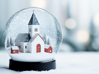 A beautiful snow globe featuring a church, surrounded by falling snowflakes.
