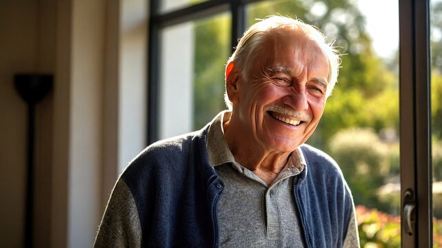 Fototapeta Technology bridges the gap, a senior man laughs on the phone, his window view brightening his day.