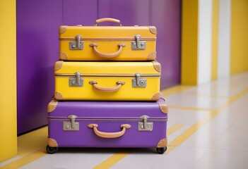 Three colorful suitcases on wheels against a bright yellow,white,purple background for train airporte treveling turkey treveling