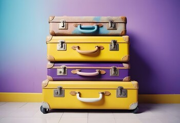 Three colorful suitcases on wheels against a bright yellow,white,purple background for train airporte treveling turkey treveling