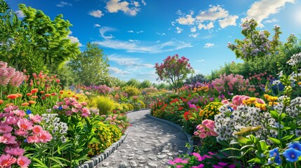 Naklejka premium : A serene garden with a variety of flowers in full bloom, set against a perfect blue sky, with a quaint stone path winding through the garden