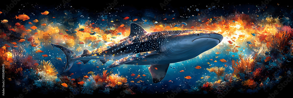 Aufkleber dramatic and intense underwater scene depicting a ferocious shark emerging from a massive fiery expl