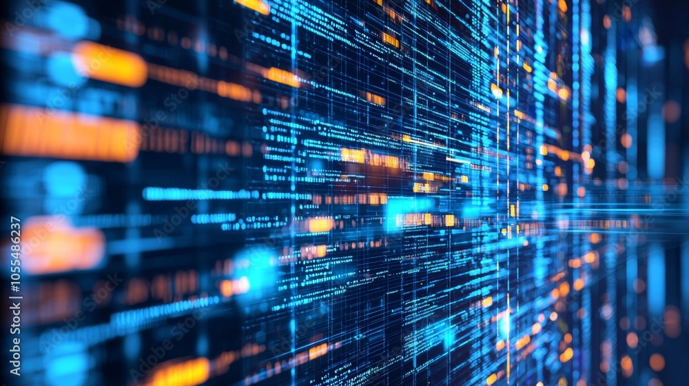 Poster blue and orange digital data streams flowing across a futuristic display