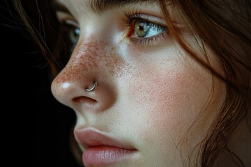 Close-up Portrait of a Young Woman with Freckles and a Nose Ring
