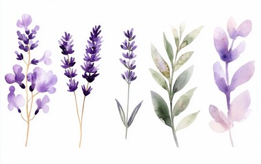 Naklejka premium Watercolor lavender sprigs in a minimalist style, soft purple hues on a light gray background