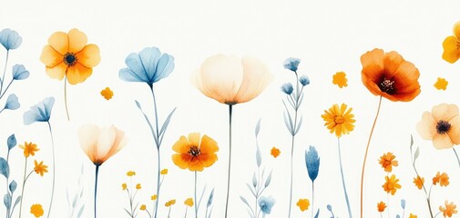 Simple watercolor wildflowers in soft pastels, arranged randomly on a light beige background, seamless pattern