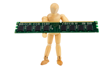 Wooden puppet carries a computer memory module isolated on a white background