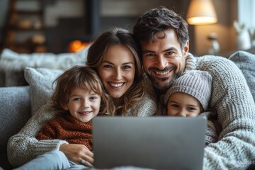 Fototapeta na wymiar A happy family sitting together on a cozy sofa in their modern living room, all watch a video on a laptop. Generative AI