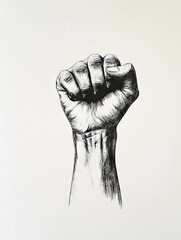 A simple drawing of an arm with the fist raised in protest, drawn by hand with pencil on white paper