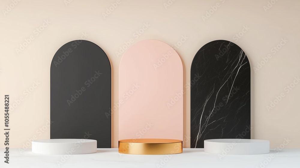 Poster modern display setup featuring three arch-shaped panels and a circular platform in neutral tones for
