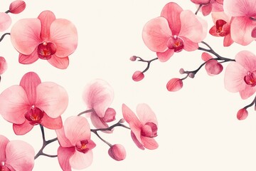 Fototapeta premium Delicate watercolor orchids with soft pink petals, minimal leaves, scattered on a light beige background, seamless repeat