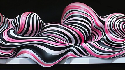 Dynamic and visually captivating abstract composition of swirling pink, black, and white stripes intertwining