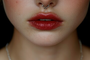 Naklejka premium Close-up of a Woman's Lips with Red Lipstick and a Nose Ring