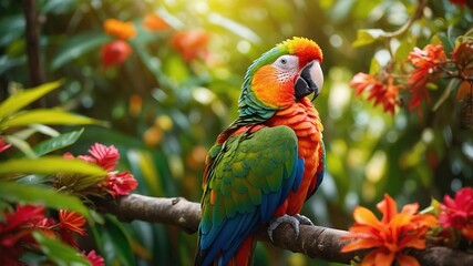 Vibrant plumage bursts against a backdrop of verdant leaves.
