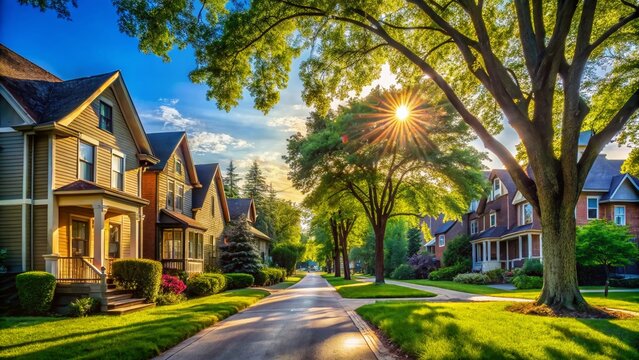 Midwest Neighborhood Street with Old Homes and Lush Green Trees in Lemont Illinois during Summer