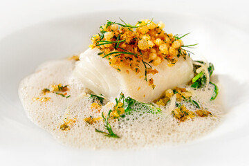 Kabeljau, Knusperpanade, Fischfilet, Sahnesauce, Dill, 