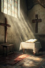 Serene Altar with Sunlit Cross and Holy Bible