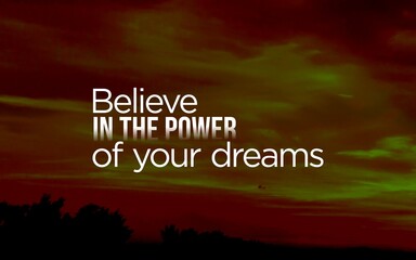 The image features a dramatic sunset or sunrise with a dark, moody sky transitioning from deep red to green hues. Overlaid on the sky, a motivational quote reads, 