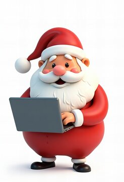 Santa Claus uses a laptop to check his list before Christmas