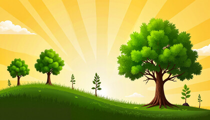Sunrise with trees on green hillside illustration