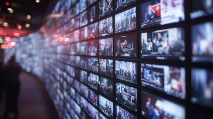 Abstract digital wall filled with images and videos, portraying modern communication and multimedia trends. Great for technology, communication, or marketing themes.