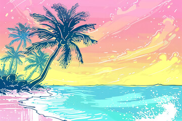 A lively summer composition featuring palm trees, waves, and vibrant RGB shades. The left-side blank canvas provides space for text or design elements, ideal for branding or web graphics