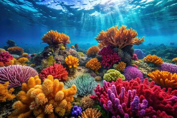 Naklejka premium Coral reef with colorful coral formations and seaweed swaying in ocean currents, seawater, seaweed, underwater