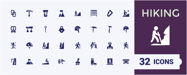 Climbing solid icon collections. Contains related to outdoors, hiking, climber, climbing, tourism, adventure, . Filled symbol collection. Editable vector icon and illustration.