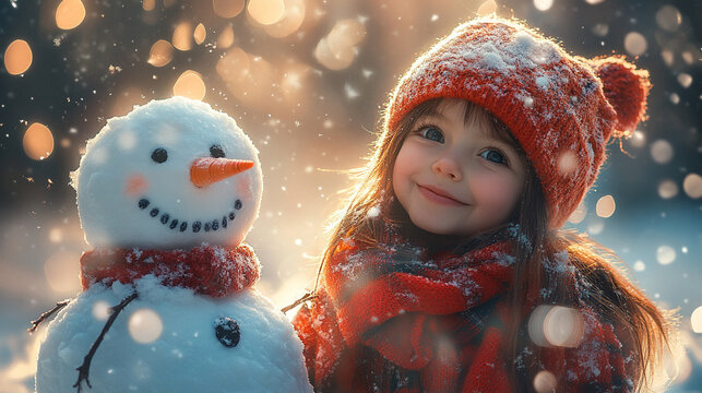 happy child girl plaing with a snowman on a snowy weather
