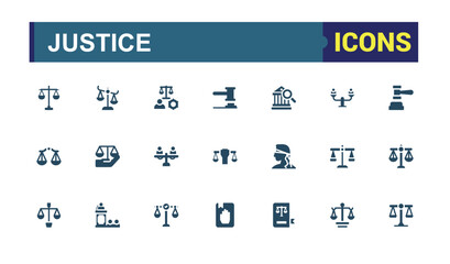 Set of Justice solid icons. Contains such icons as book, right, trial, case, document, judge and more. Minimalist flat filled icon.