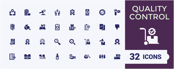 Quality Control solid web icon set. Related to linear, calibration, star, standardization, thin, rocket, app, approve. Isolated icons design. Editable vector illustration.