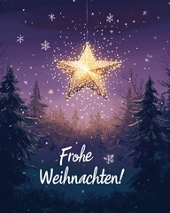 Glänzender Weihnachtsstern über verschneitem Wald mit Frohe Weihnachten Gruß