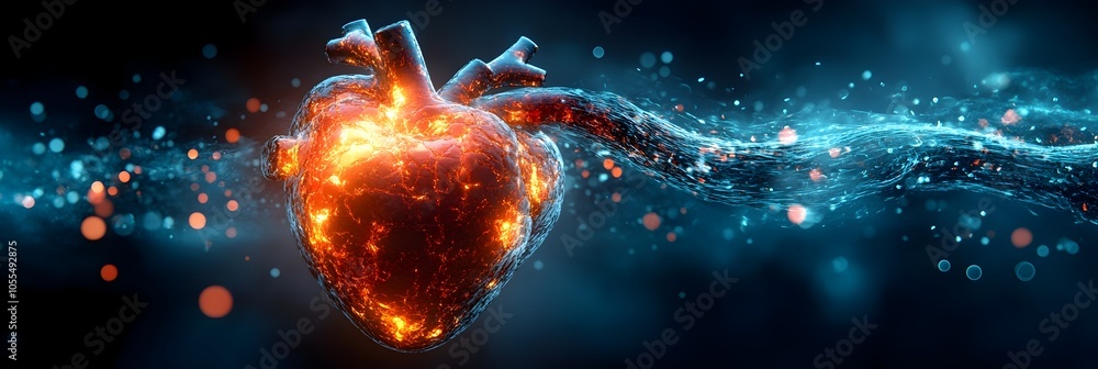 Poster fiery anatomical heart with glowing energy flow - futuristic and dynamic digital of a beating heart 
