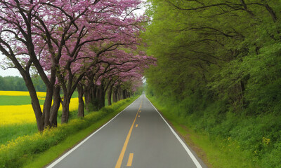 Fototapeta premium 시골길 도로옆에 꽃과 나무가 예쁘다 쾌적한도로