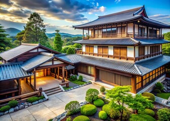 Fototapeta premium Modern Architecture Meets Traditional Ukiyo-e Style: A Fusion of Design Elegance
