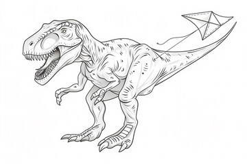 A playful dinosaur illustration featuring a T-Rex flying a kite, blending humor and creativity in a whimsical design.