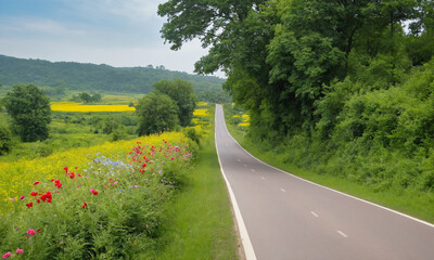 시골길 도로옆에 꽃과 나무가 예쁘다 쾌적한도로