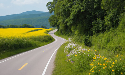 시골길 도로옆에 꽃과 나무가 예쁘다 쾌적한도로