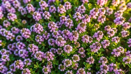 Naklejka premium Thyme thymu serpyllum blooming in the wild during summer, natural background aerial view